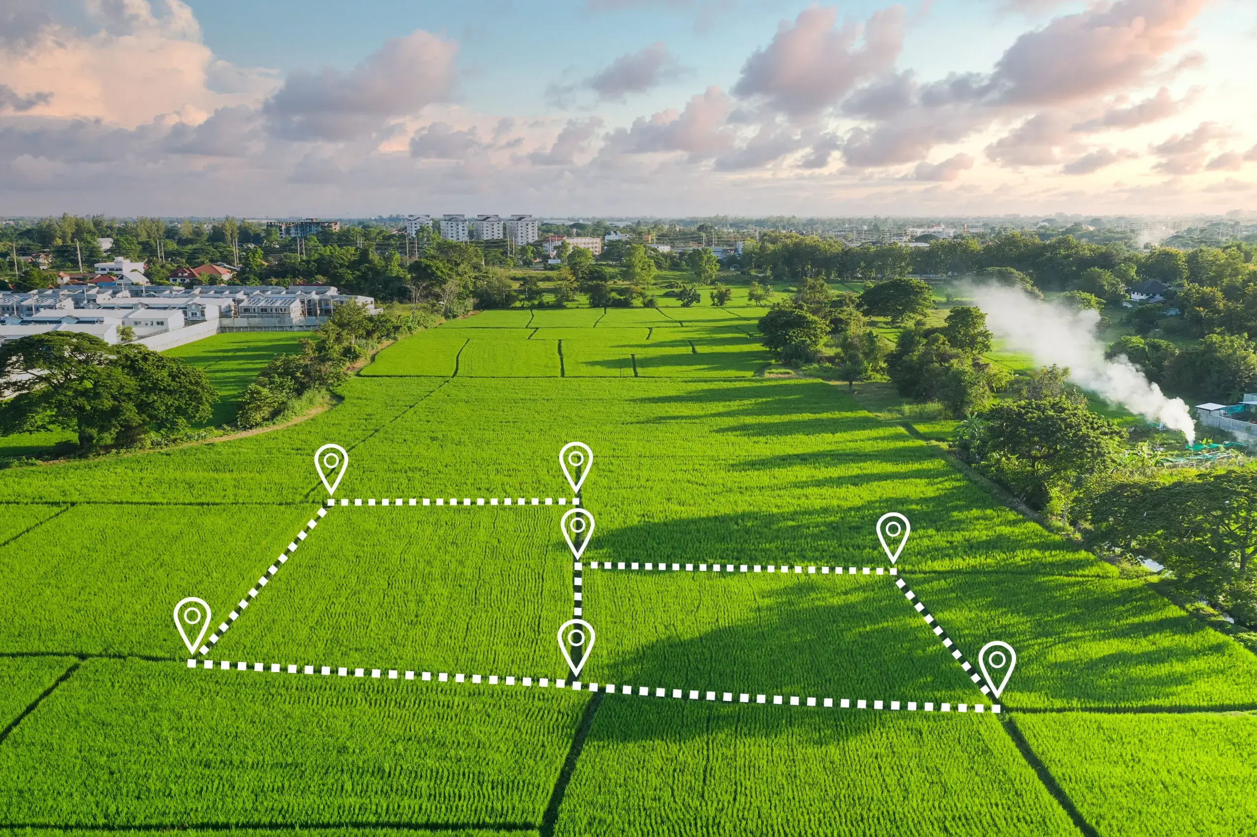Aerial drone land survey with boundary mapping overlay